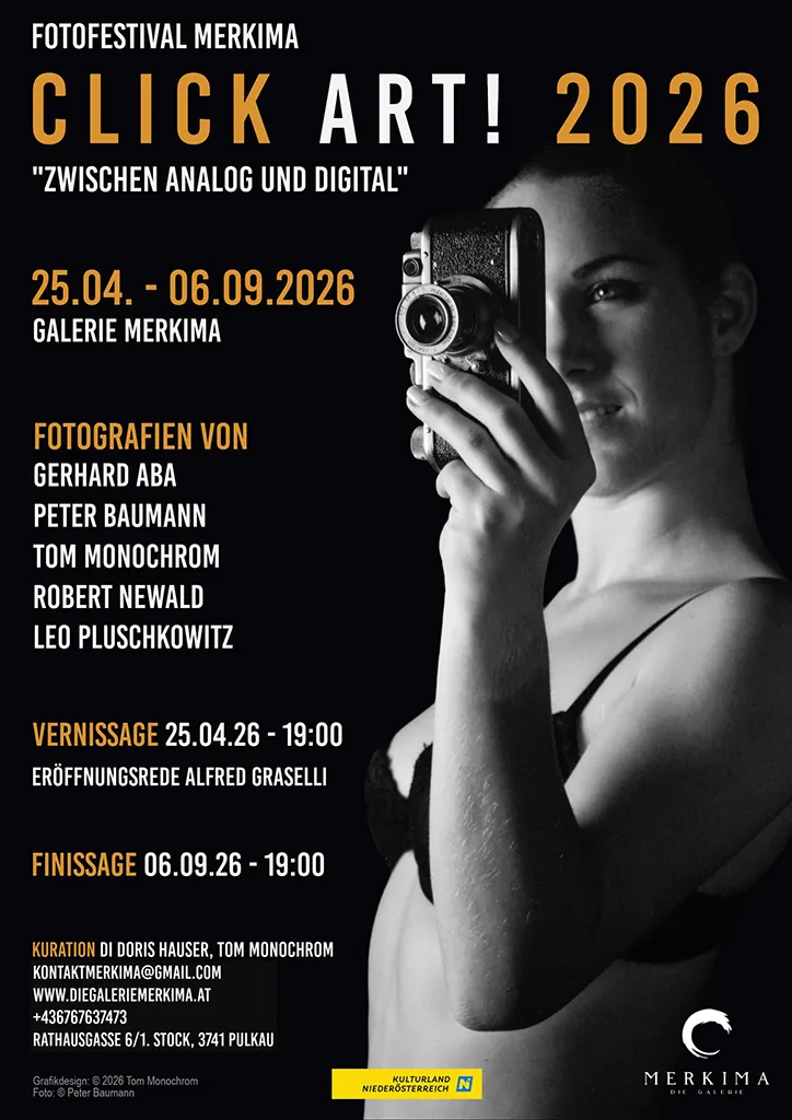 Plakat für das Fotofestival CLICK ART! in der Galerie MERKIMA in Pulkau 04-09 2026